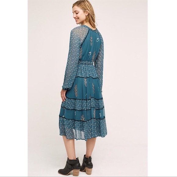 Anthropologie Eliza Tiered Kopal Boho Teal Peasant Dress Size XS $288 - Picture 3 of 13